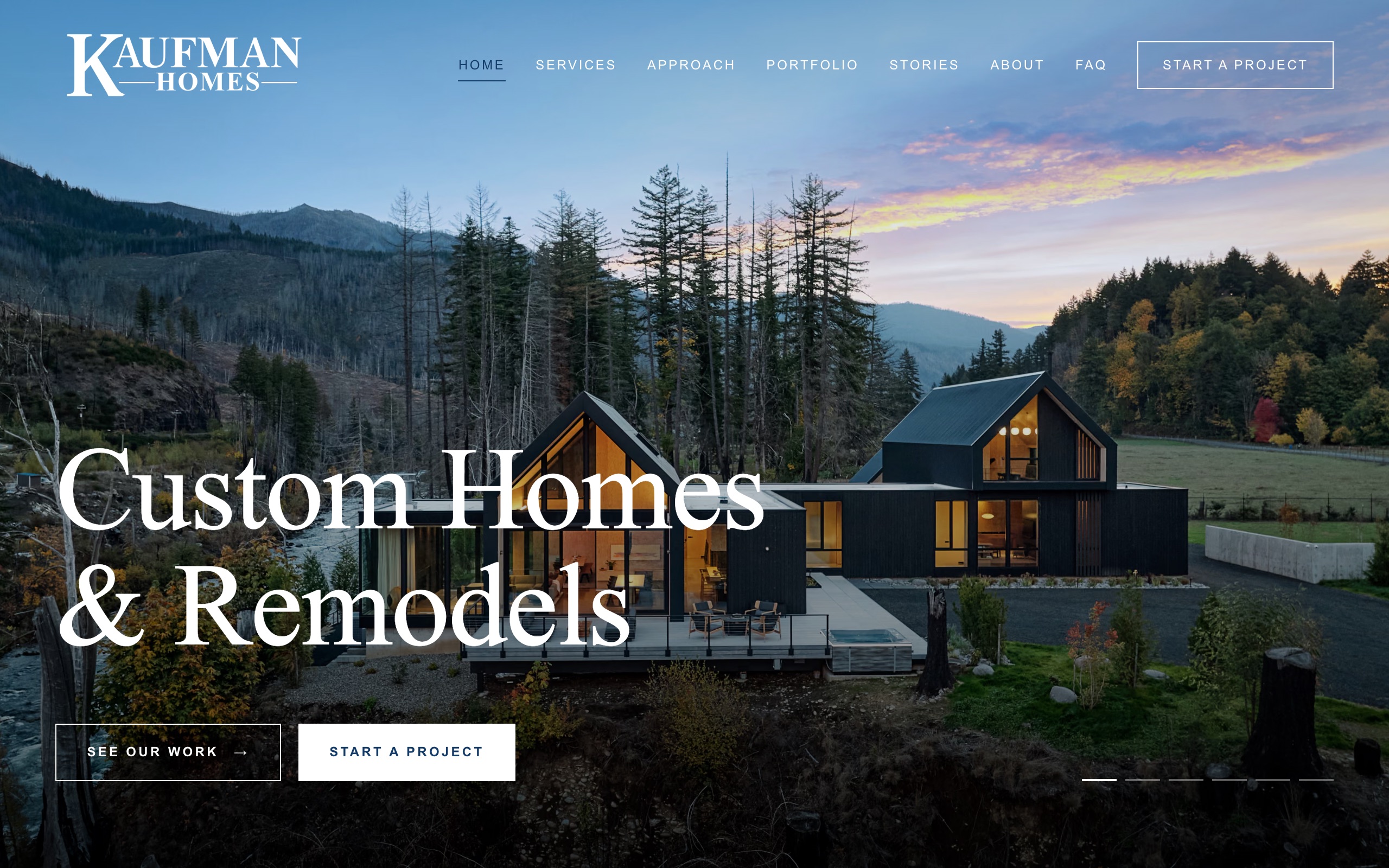 Kaufman Homes homepage: aerial photo of a custom home with the headline Custom Homes & Remodels